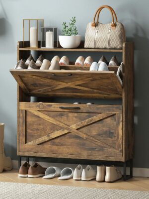 Maupvit Rustic Brown Shoe Storage Cabinet, 2 Flip Drawers, Holds 24-32 Pairs, Space-Saving Entryway Organizer
