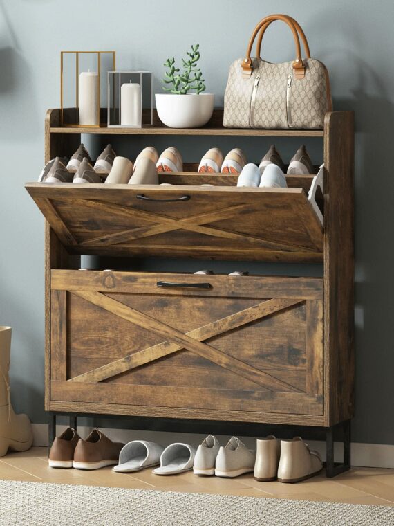 Maupvit Rustic Brown Shoe Storage Cabinet, 2 Flip Drawers, Holds 24-32 Pairs, Space-Saving Entryway Organizer