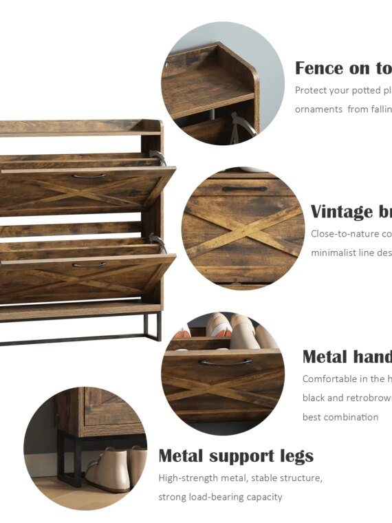 Maupvit Rustic Brown Shoe Storage Cabinet, 2 Flip Drawers, Holds 24-32 Pairs, Space-Saving Entryway Organizer