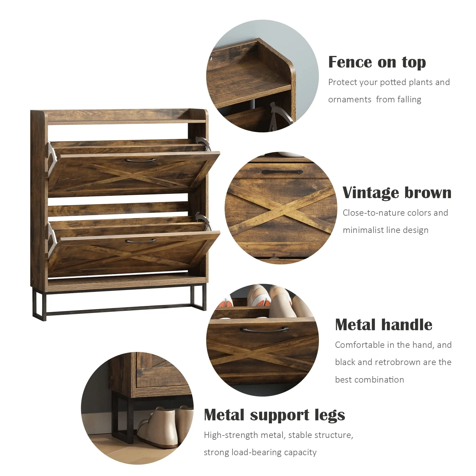 Maupvit Rustic Brown Shoe Storage Cabinet, 2 Flip Drawers, Holds 24-32 Pairs, Space-Saving Entryway Organizer