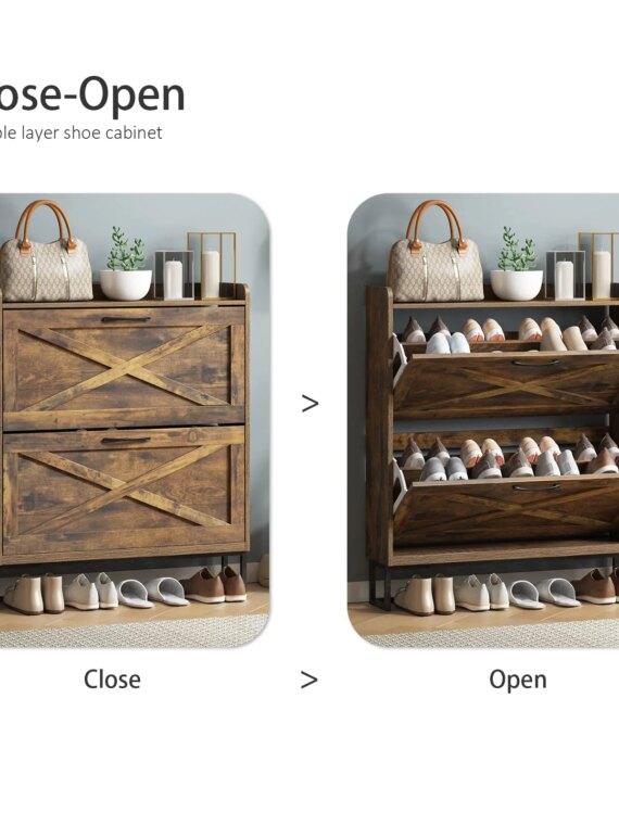 Maupvit Rustic Brown Shoe Storage Cabinet, 2 Flip Drawers, Holds 24-32 Pairs, Space-Saving Entryway Organizer