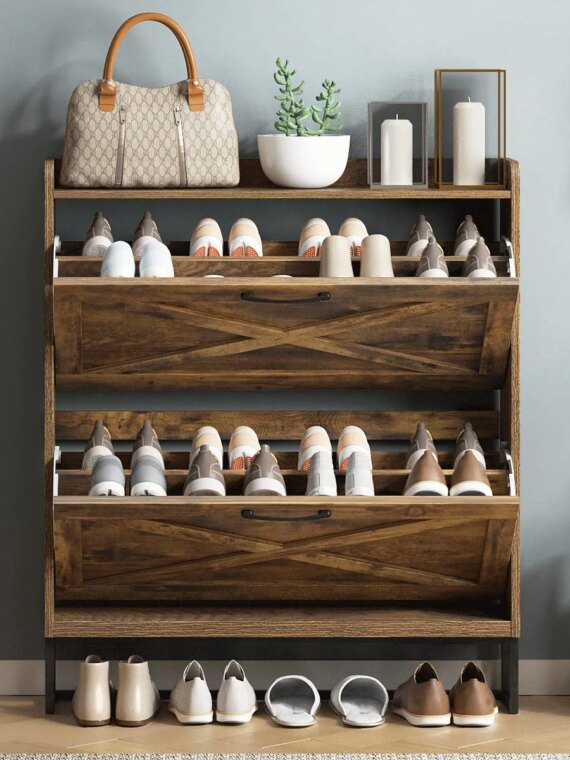 Maupvit Rustic Brown Shoe Storage Cabinet, 2 Flip Drawers, Holds 24-32 Pairs, Space-Saving Entryway Organizer