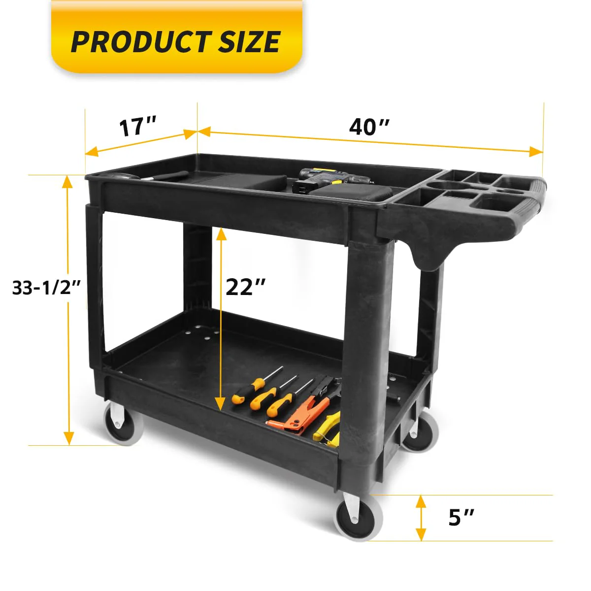 MaxWorks Utility Service Cart 500-lb Capacity, Polypropylene, 30"x16" Shelves, 5" Wheels, Rust-Resistant