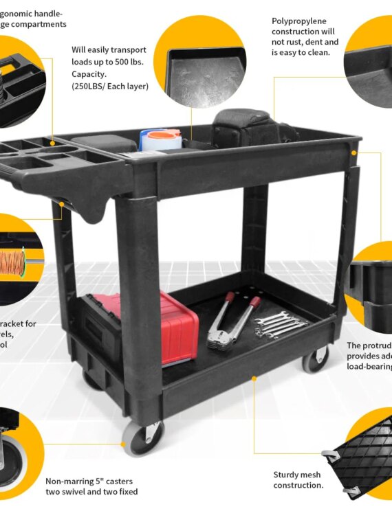 MaxWorks Utility Service Cart 500-lb Capacity, Polypropylene, 30"x16" Shelves, 5" Wheels, Rust-Resistant