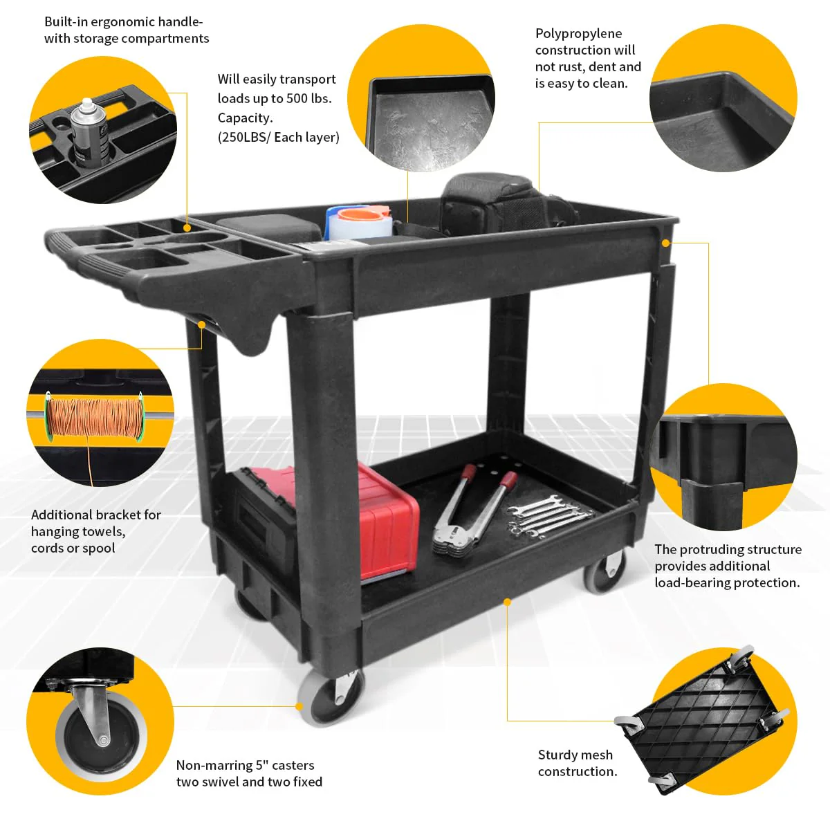 MaxWorks Utility Service Cart 500-lb Capacity, Polypropylene, 30"x16" Shelves, 5" Wheels, Rust-Resistant