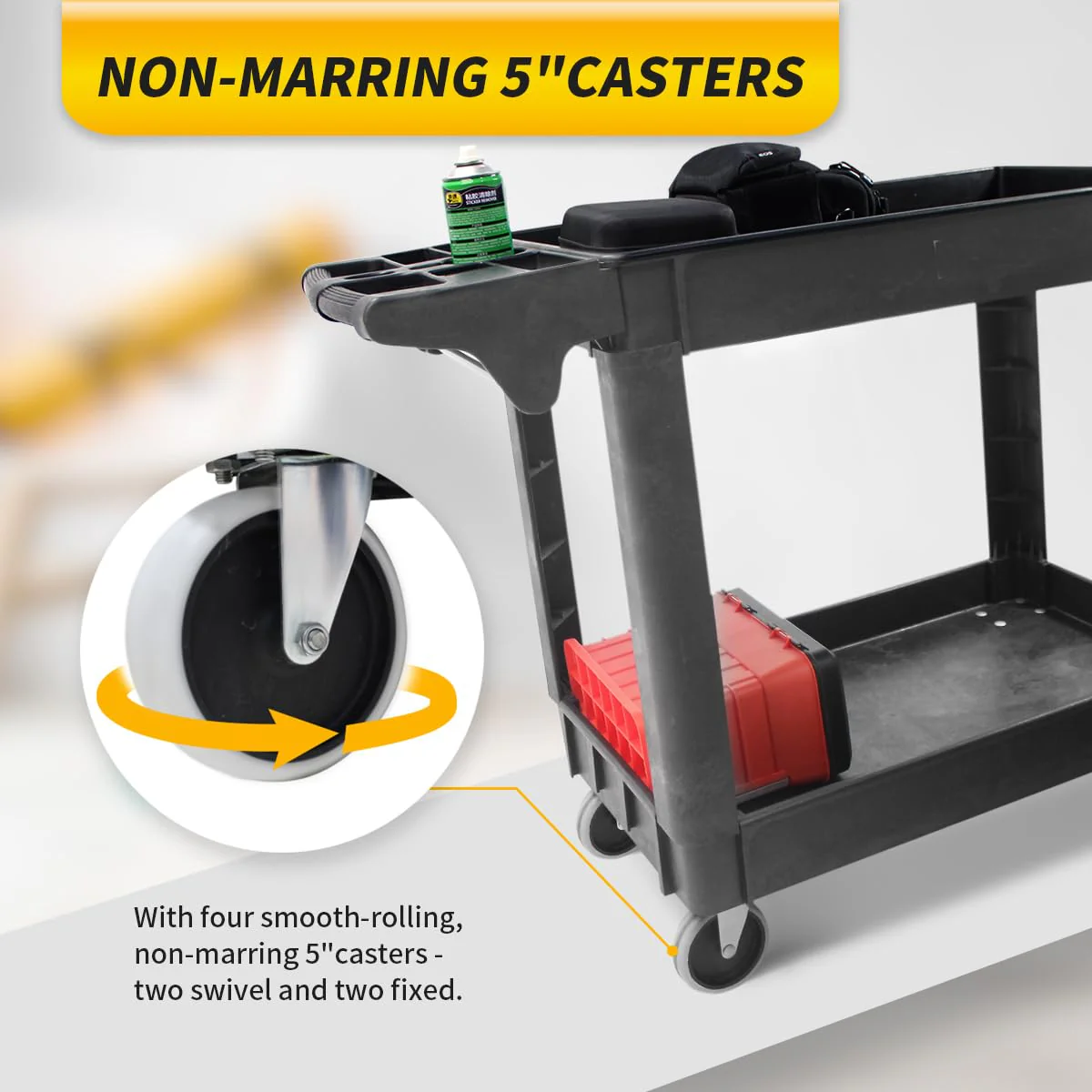 MaxWorks Utility Service Cart 500-lb Capacity, Polypropylene, 30"x16" Shelves, 5" Wheels, Rust-Resistant