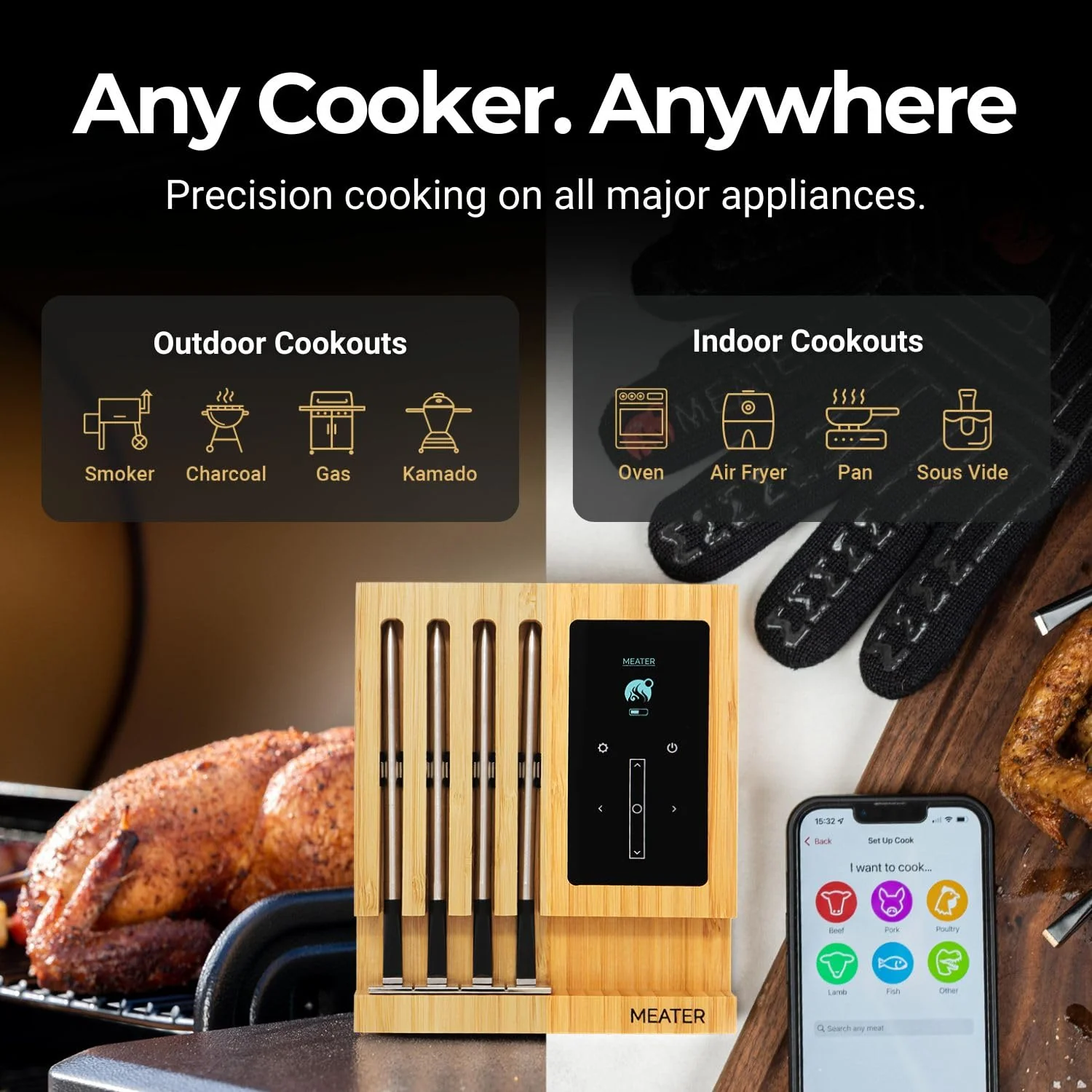 MEATER Block WiFi Smart Meat Thermometer, 4-Probe, Bluetooth Range 165ft, Guided Cook System