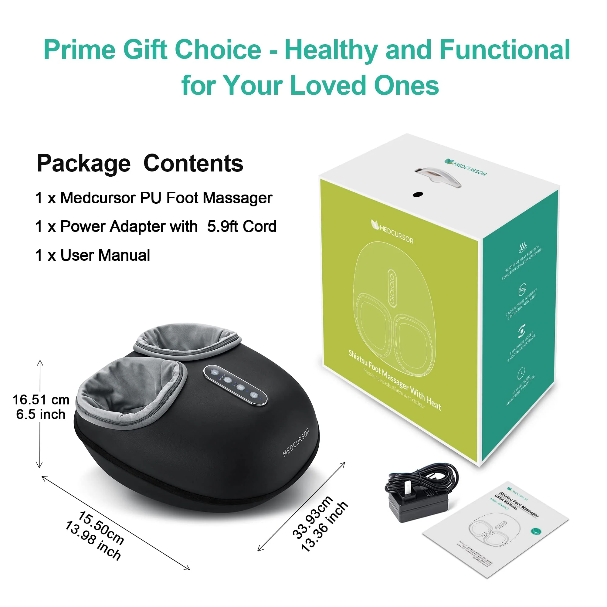 Medcursor Foot Massager with Heat, Deep Kneading, Customizable Settings, Easy-Clean PU, Auto-Shut Off, Perfect Gift