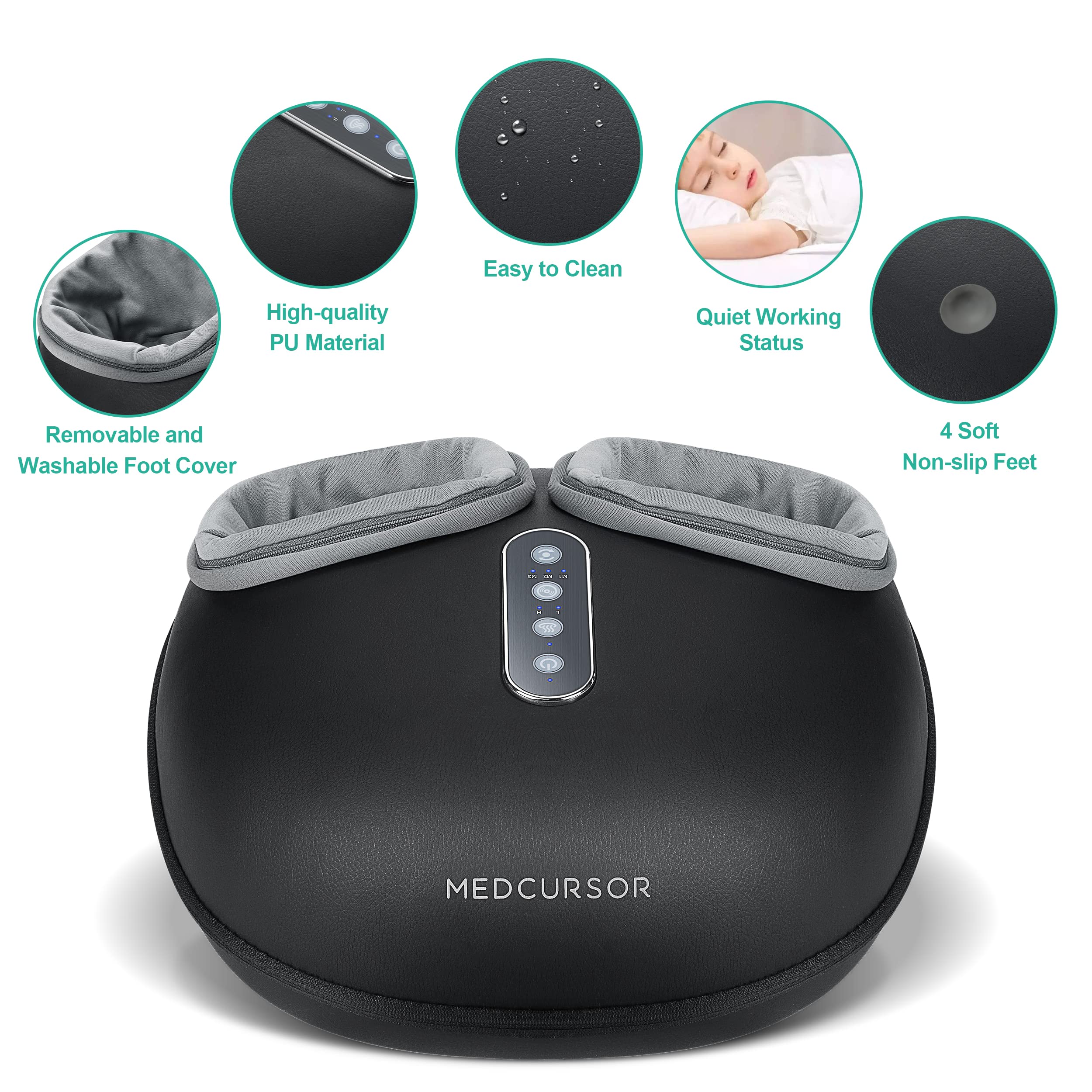 Medcursor Foot Massager with Heat, Deep Kneading, Customizable Settings, Easy-Clean PU, Auto-Shut Off, Perfect Gift
