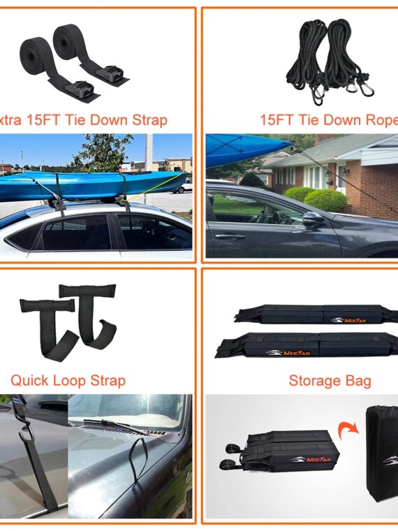 MeeFar Universal Soft Roof Rack Pads for Cars - Non-Slip, Easy Install, Secure Straps, Fits Kayaks & Surfboards