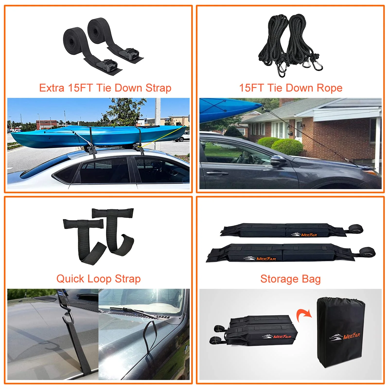 MeeFar Universal Soft Roof Rack Pads for Cars - Non-Slip, Easy Install, Secure Straps, Fits Kayaks & Surfboards