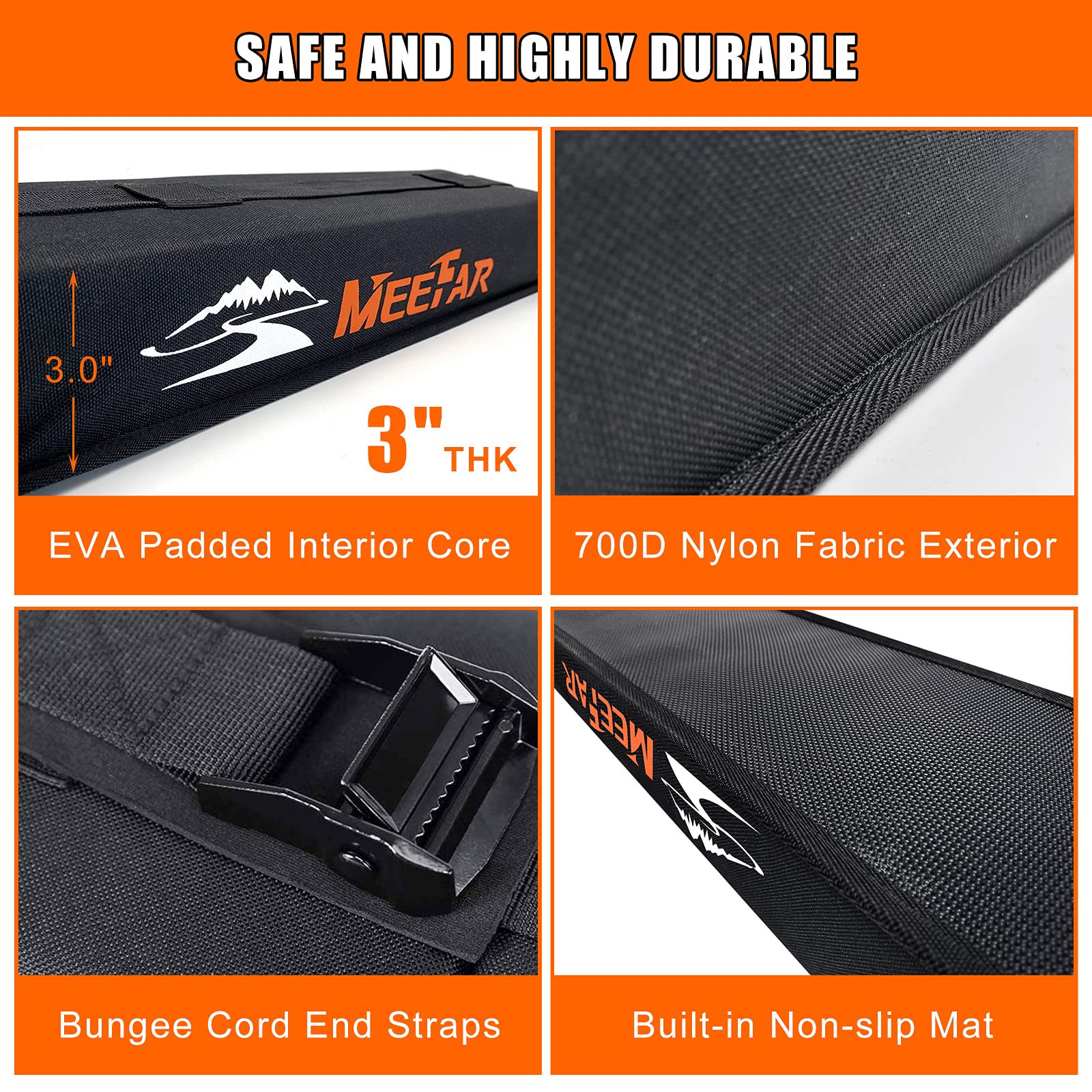 MeeFar Universal Soft Roof Rack Pads for Cars - Non-Slip, Easy Install, Secure Straps, Fits Kayaks & Surfboards