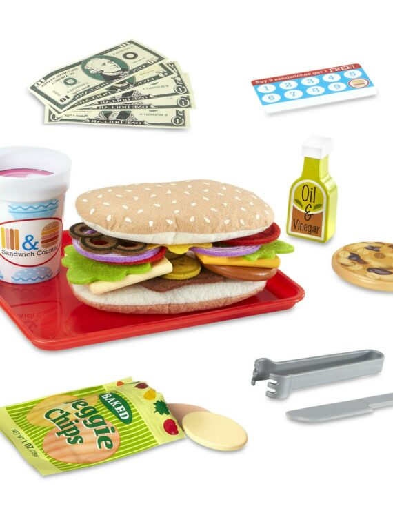 Melissa & Doug Wooden Sandwich Counter Play Set, 52-Piece Pretend Food with Deli Slicer for Ages 3-6