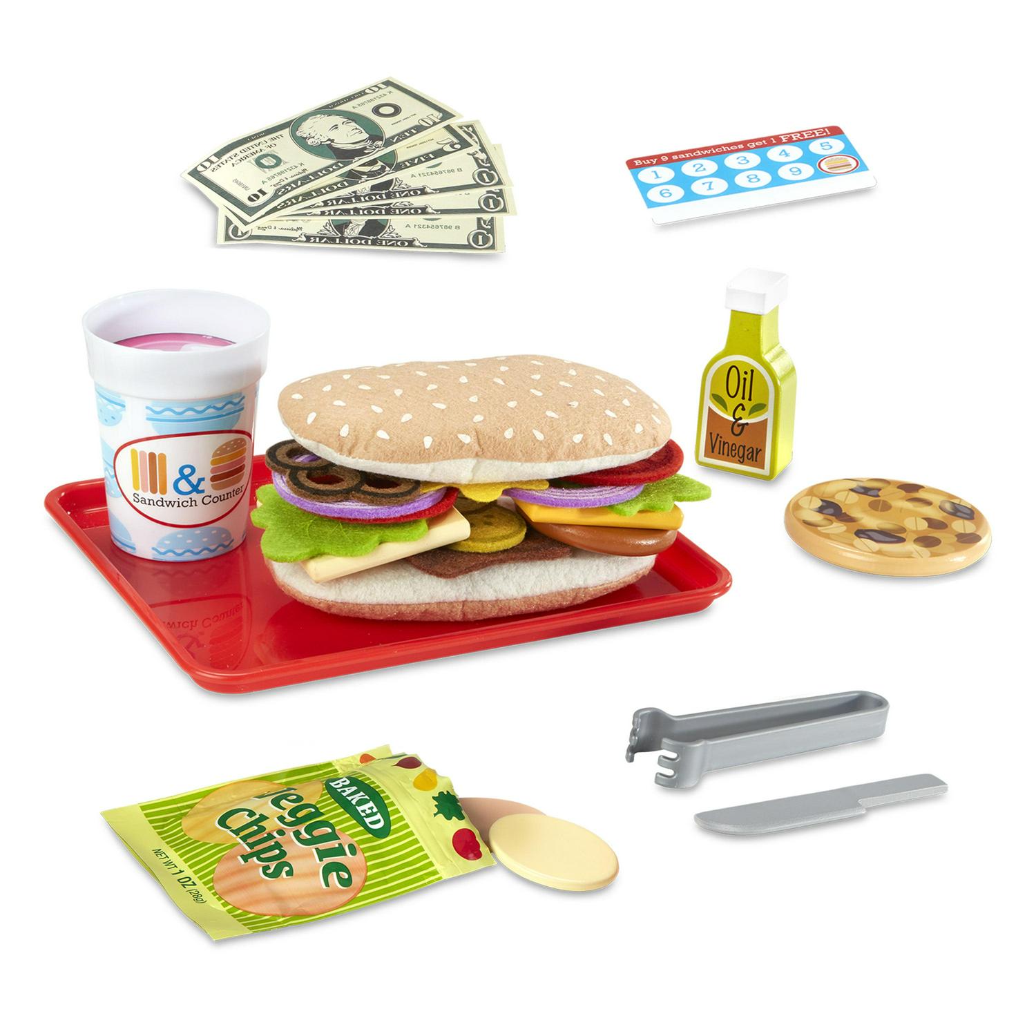 Melissa & Doug Wooden Sandwich Counter Play Set, 52-Piece Pretend Food with Deli Slicer for Ages 3-6