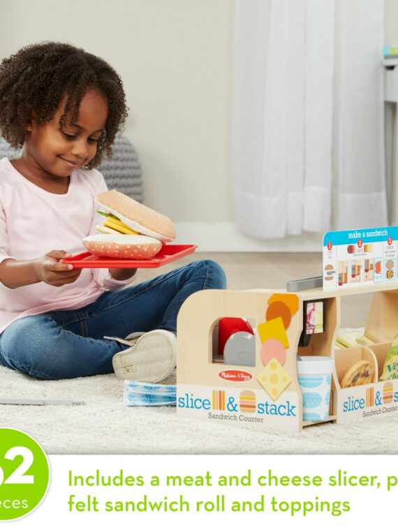 Melissa & Doug Wooden Sandwich Counter Play Set, 52-Piece Pretend Food with Deli Slicer for Ages 3-6