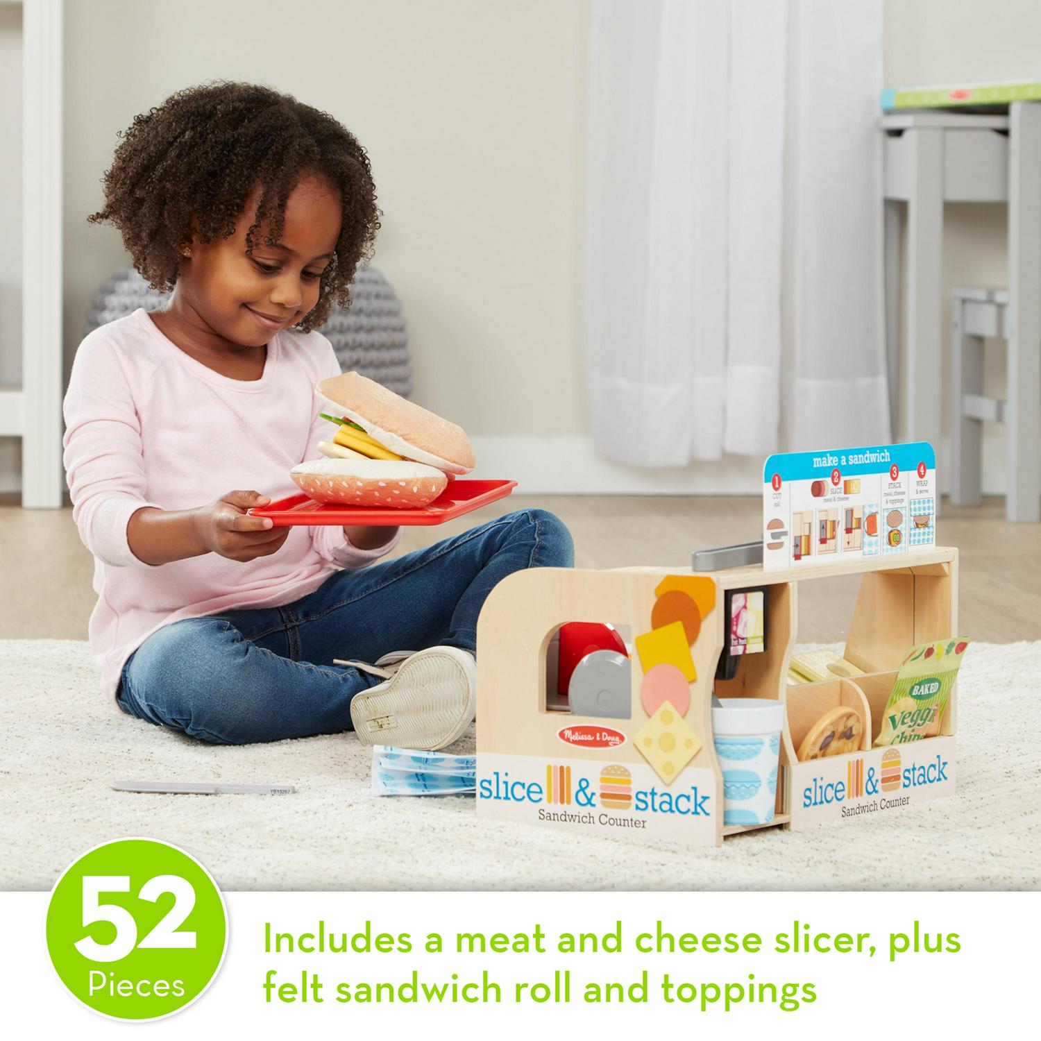 Melissa & Doug Wooden Sandwich Counter Play Set, 52-Piece Pretend Food with Deli Slicer for Ages 3-6