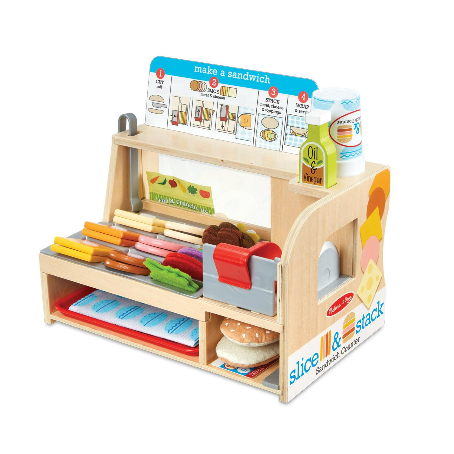 Melissa & Doug Wooden Sandwich Counter Play Set, 52-Piece Pretend Food with Deli Slicer for Ages 3-6