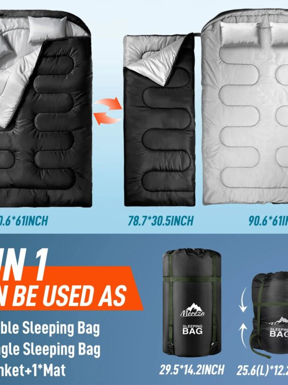 MEREZA Double Sleeping Bag with Pillows, Convertible to Two Singles, Spacious & Cold Weather Friendly for Camping