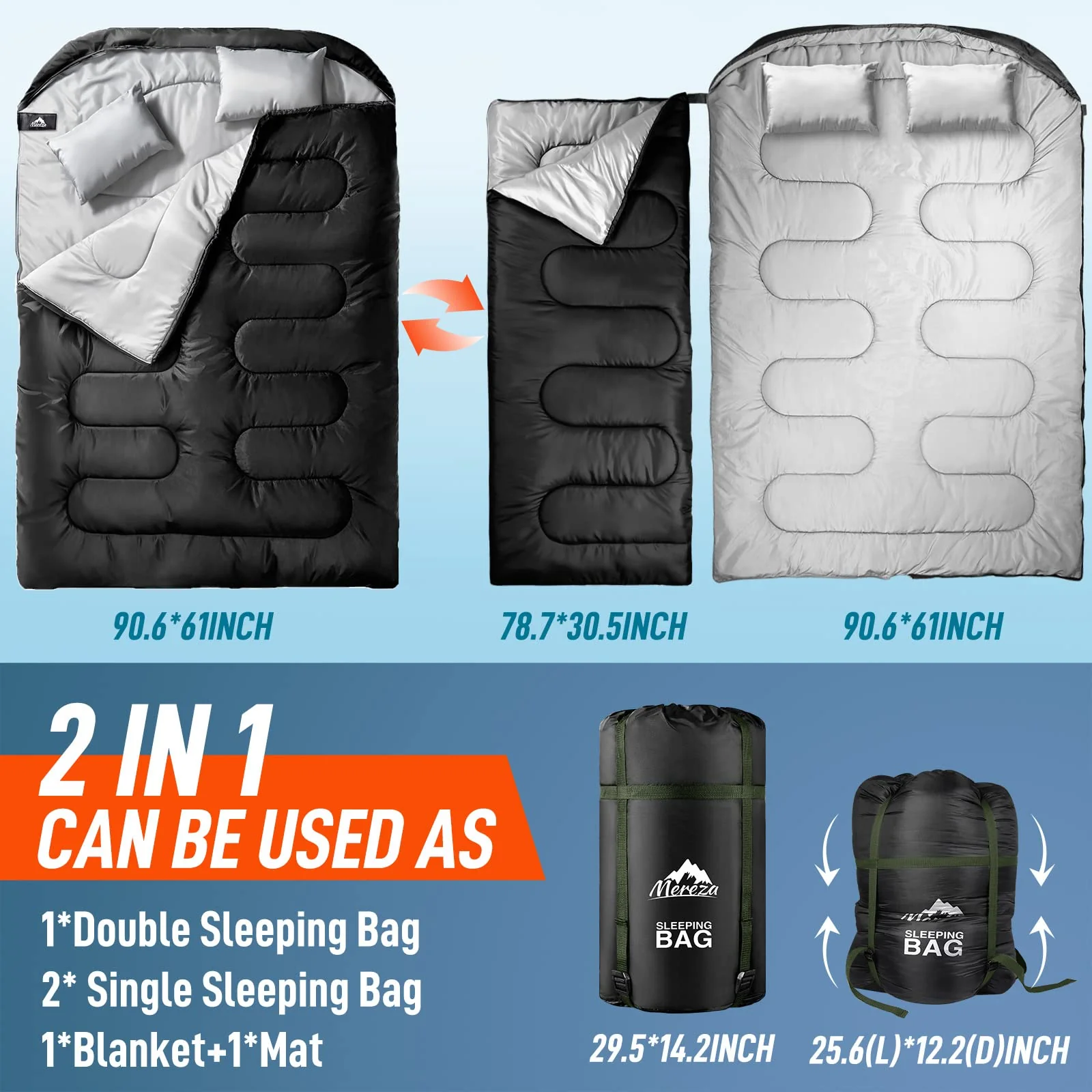 MEREZA Double Sleeping Bag with Pillows, Convertible to Two Singles, Spacious & Cold Weather Friendly for Camping
