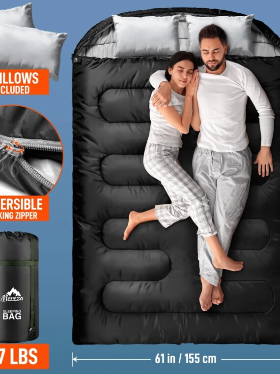 MEREZA Double Sleeping Bag with Pillows, Convertible to Two Singles, Spacious & Cold Weather Friendly for Camping