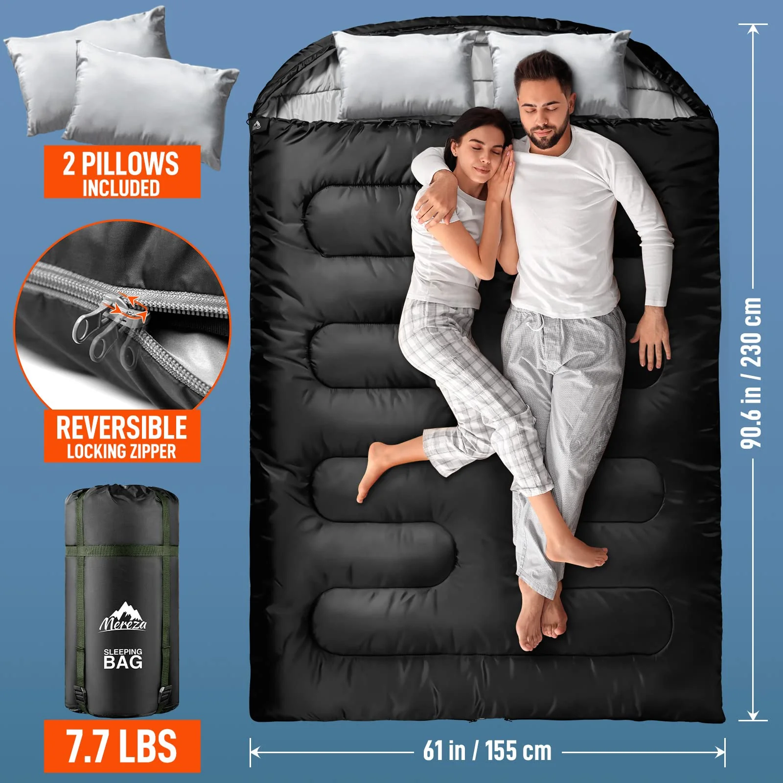 MEREZA Double Sleeping Bag with Pillows, Convertible to Two Singles, Spacious & Cold Weather Friendly for Camping