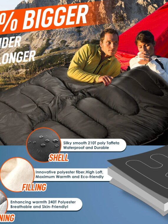 MEREZA Double Sleeping Bag with Pillows, Convertible to Two Singles, Spacious & Cold Weather Friendly for Camping