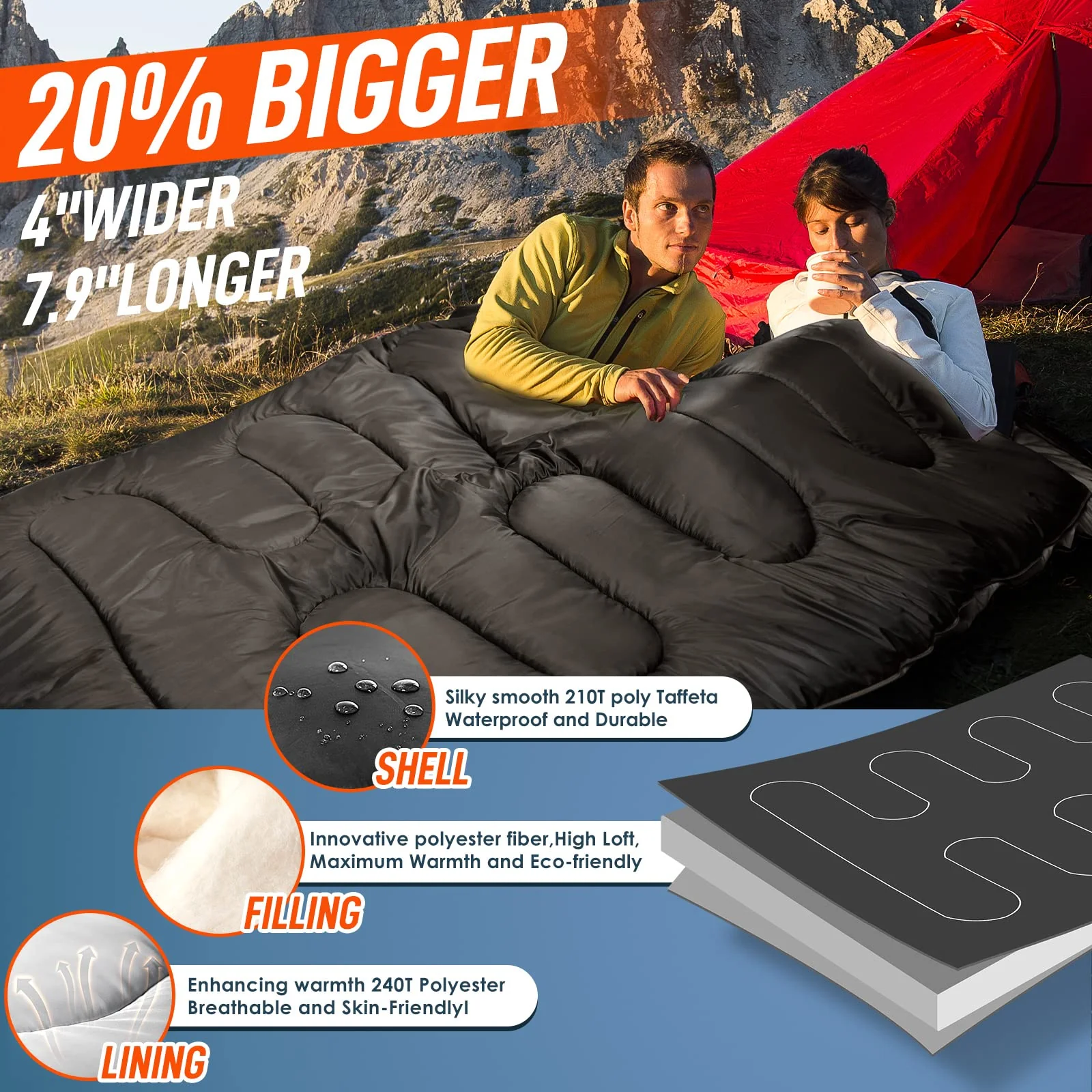 MEREZA Double Sleeping Bag with Pillows, Convertible to Two Singles, Spacious & Cold Weather Friendly for Camping