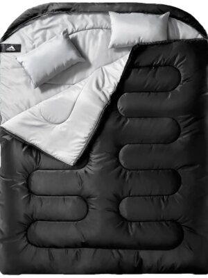 MEREZA Double Sleeping Bag with Pillows, Convertible to Two Singles, Spacious & Cold Weather Friendly for Camping