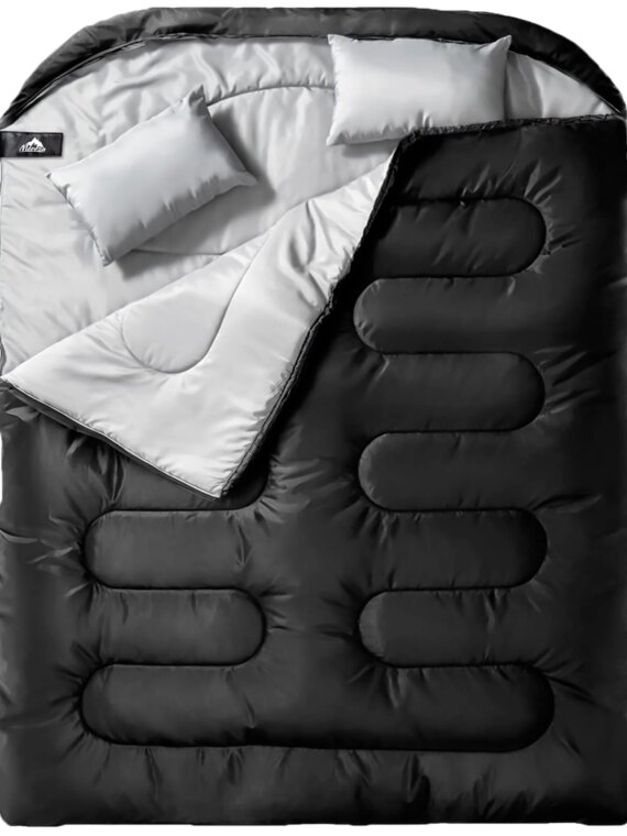 MEREZA Double Sleeping Bag with Pillows, Convertible to Two Singles, Spacious & Cold Weather Friendly for Camping
