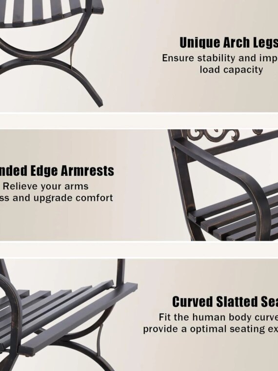 MFSTUDIO 50" Cast Iron Metal Frame Garden Bench, Floral Design, Outdoor Patio Furniture, Supports 550 lbs