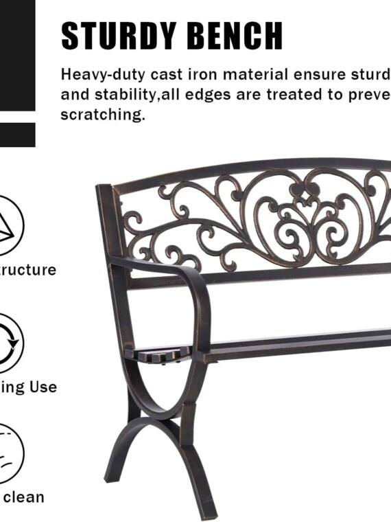 MFSTUDIO 50" Cast Iron Metal Frame Garden Bench, Floral Design, Outdoor Patio Furniture, Supports 550 lbs