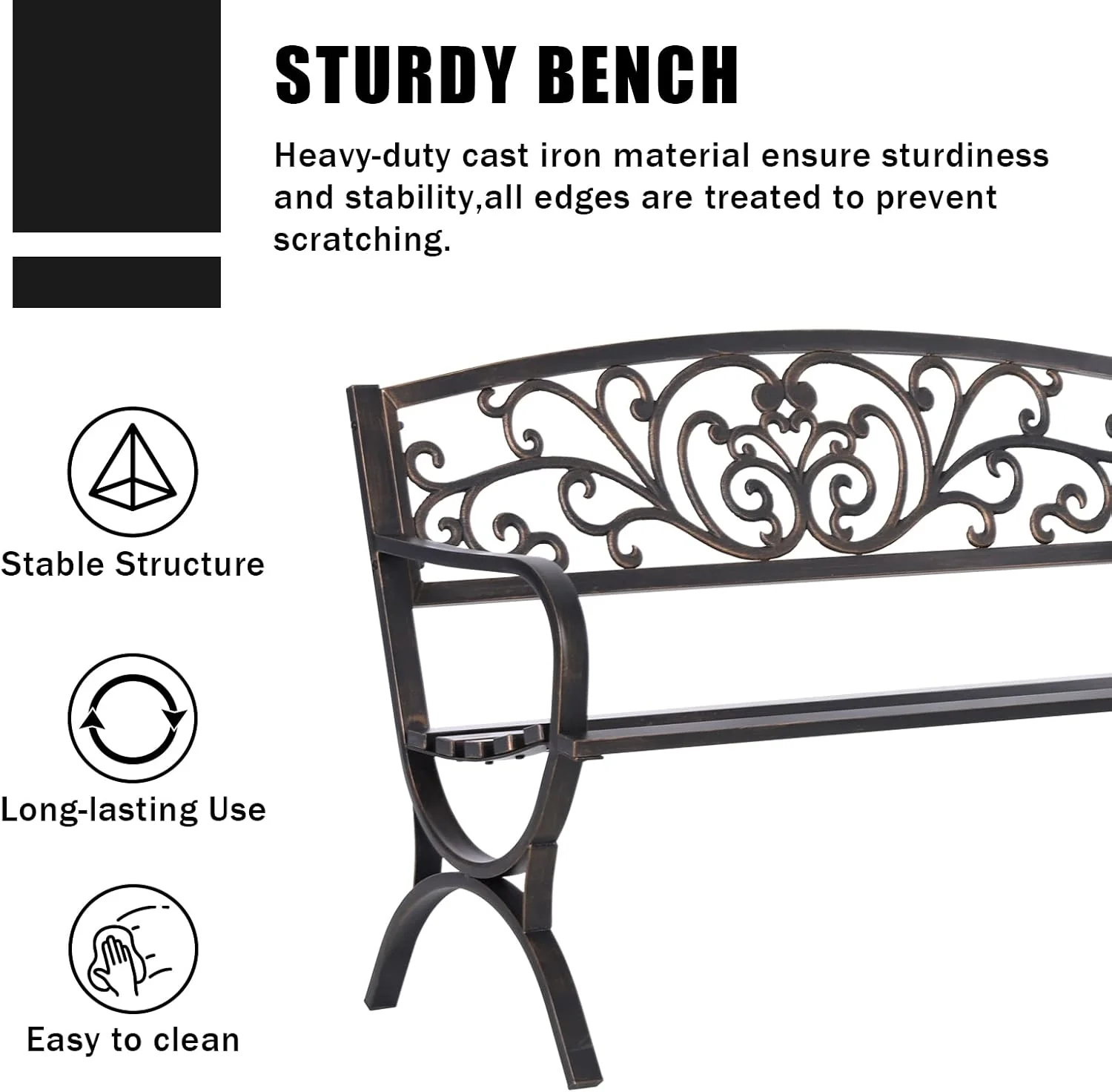 MFSTUDIO 50" Cast Iron Metal Frame Garden Bench, Floral Design, Outdoor Patio Furniture, Supports 550 lbs