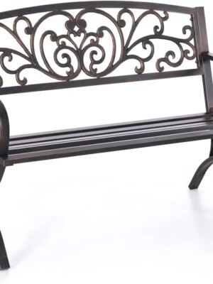MFSTUDIO 50" Cast Iron Metal Frame Garden Bench, Floral Design, Outdoor Patio Furniture, Supports 550 lbs