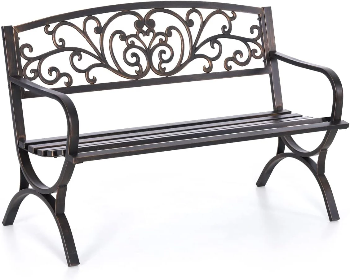 MFSTUDIO 50" Cast Iron Metal Frame Garden Bench, Floral Design, Outdoor Patio Furniture, Supports 550 lbs