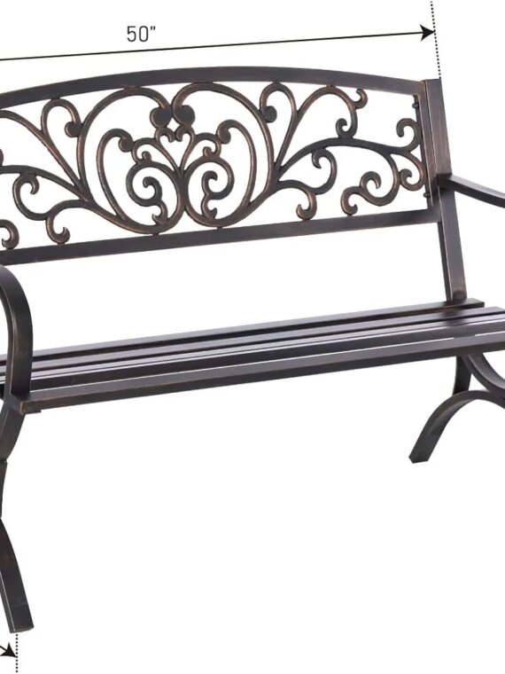 MFSTUDIO 50" Cast Iron Metal Frame Garden Bench, Floral Design, Outdoor Patio Furniture, Supports 550 lbs