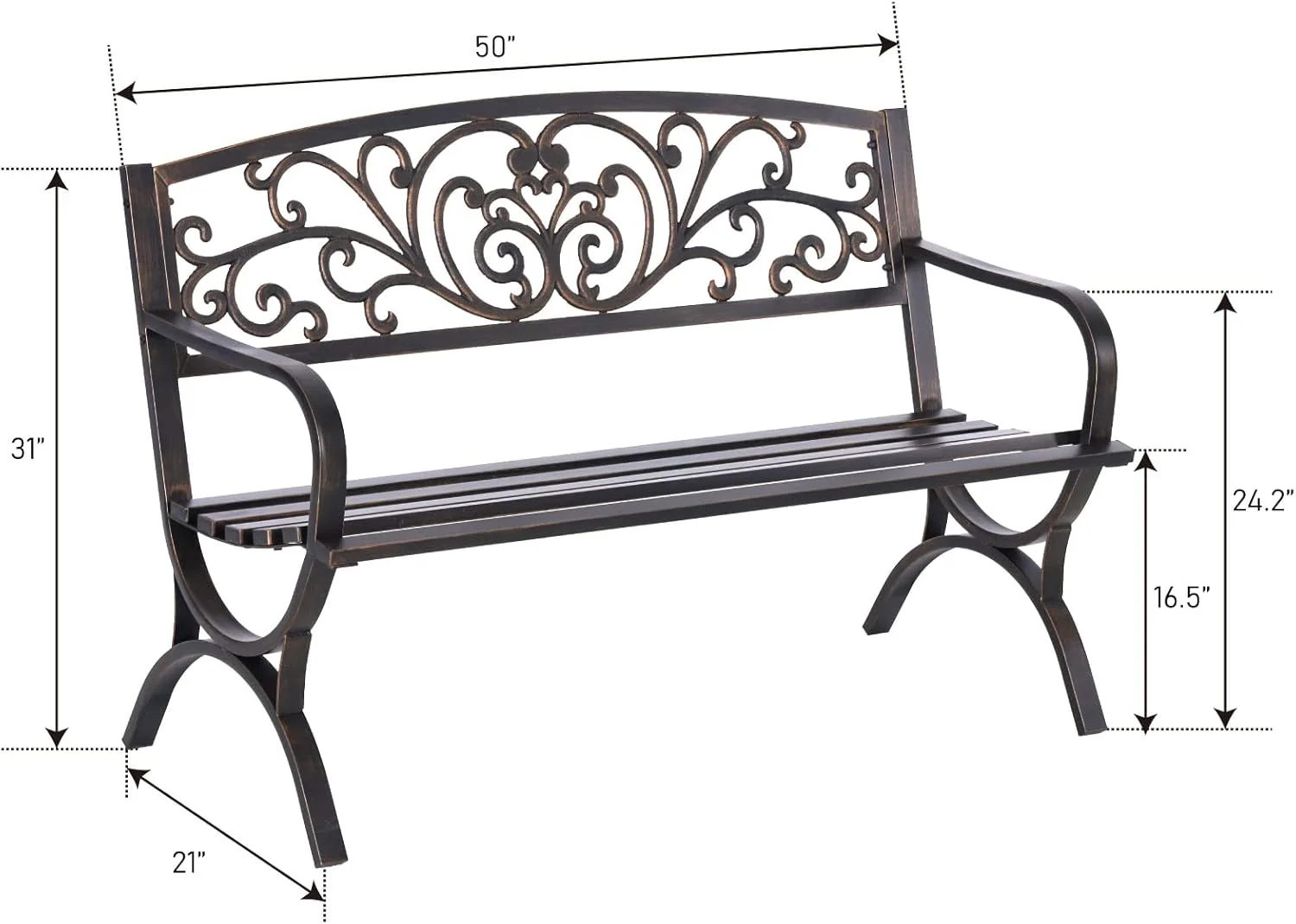 MFSTUDIO 50" Cast Iron Metal Frame Garden Bench, Floral Design, Outdoor Patio Furniture, Supports 550 lbs
