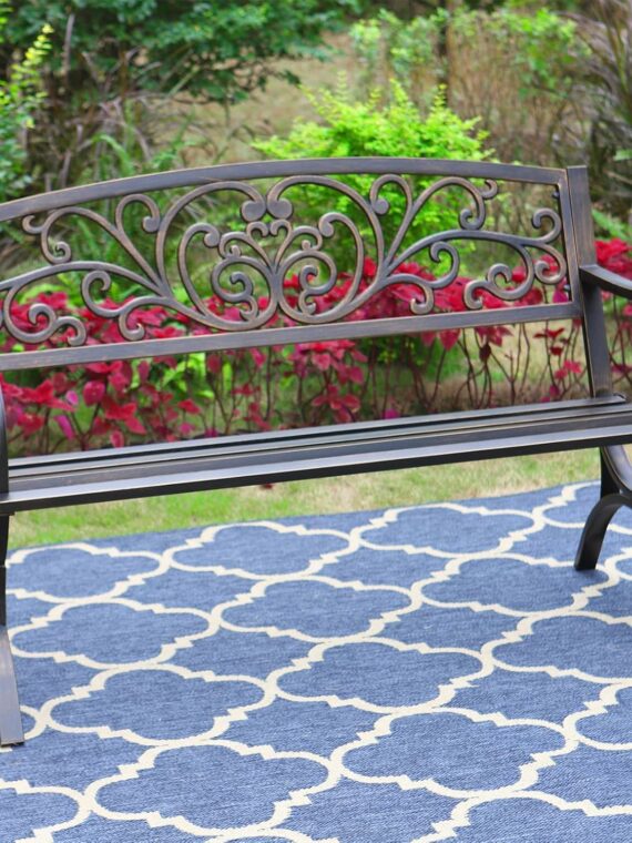 MFSTUDIO 50" Cast Iron Metal Frame Garden Bench, Floral Design, Outdoor Patio Furniture, Supports 550 lbs