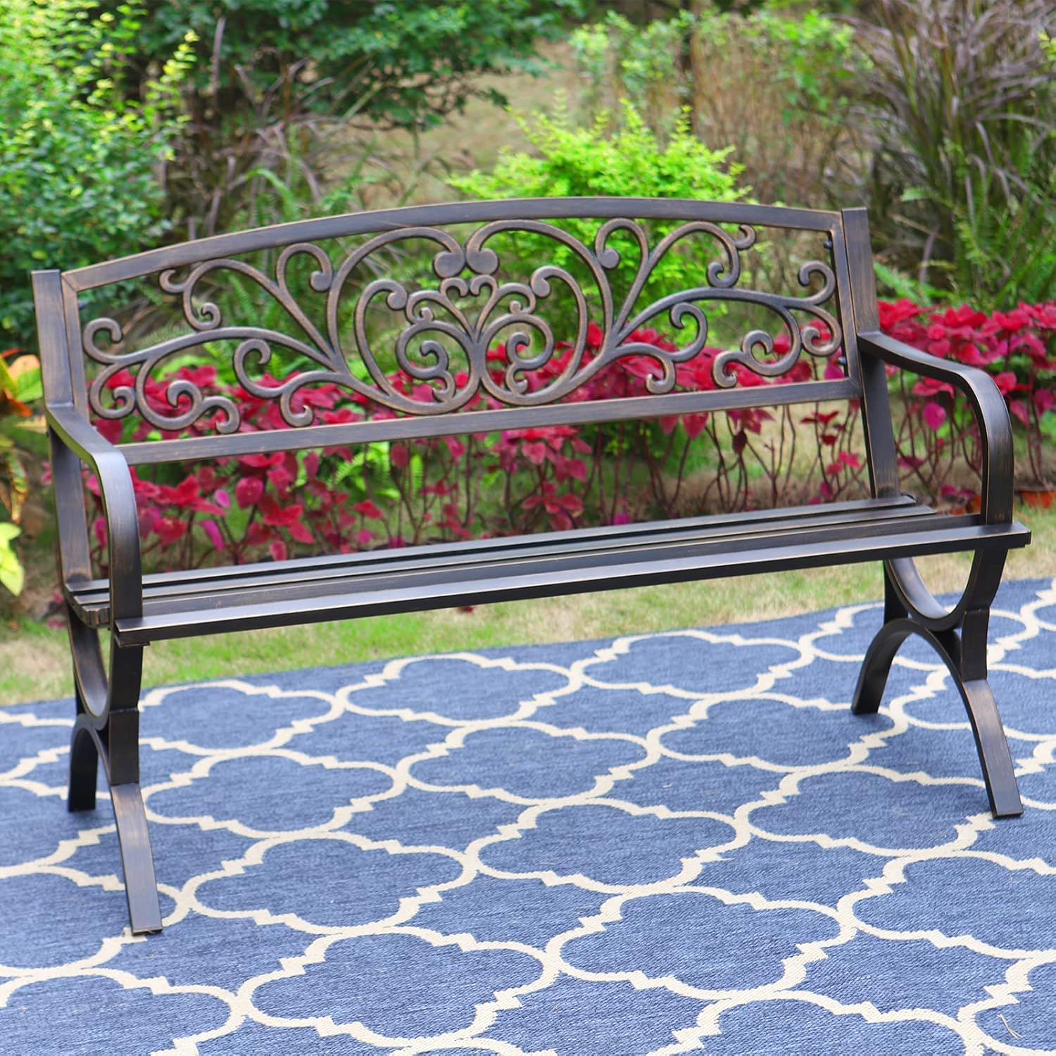 MFSTUDIO 50" Cast Iron Metal Frame Garden Bench, Floral Design, Outdoor Patio Furniture, Supports 550 lbs