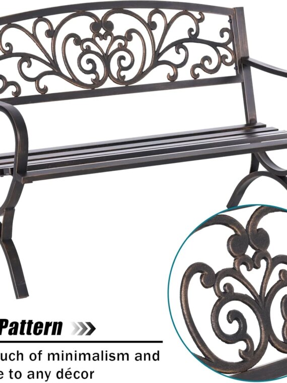 MFSTUDIO 50" Cast Iron Metal Frame Garden Bench, Floral Design, Outdoor Patio Furniture, Supports 550 lbs