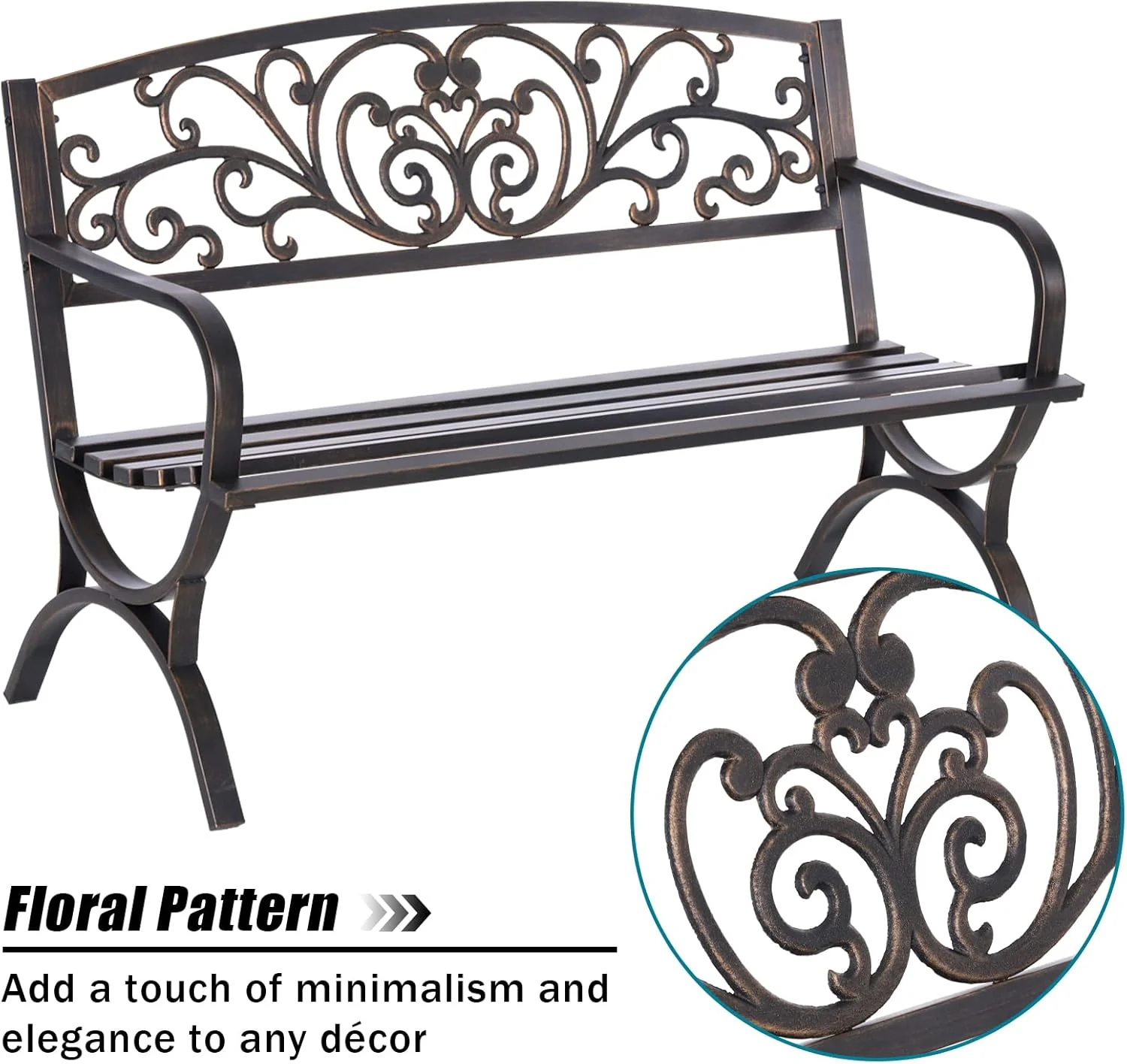MFSTUDIO 50" Cast Iron Metal Frame Garden Bench, Floral Design, Outdoor Patio Furniture, Supports 550 lbs