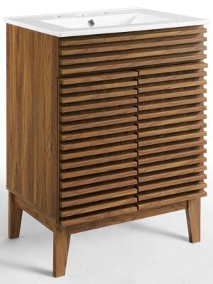 Modway Mid-Century 24" Bathroom Vanity, Walnut Grain, Ceramic Basin, Soft-Close Doors