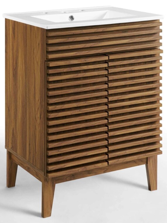 Modway Mid-Century 24" Bathroom Vanity, Walnut Grain, Ceramic Basin, Soft-Close Doors