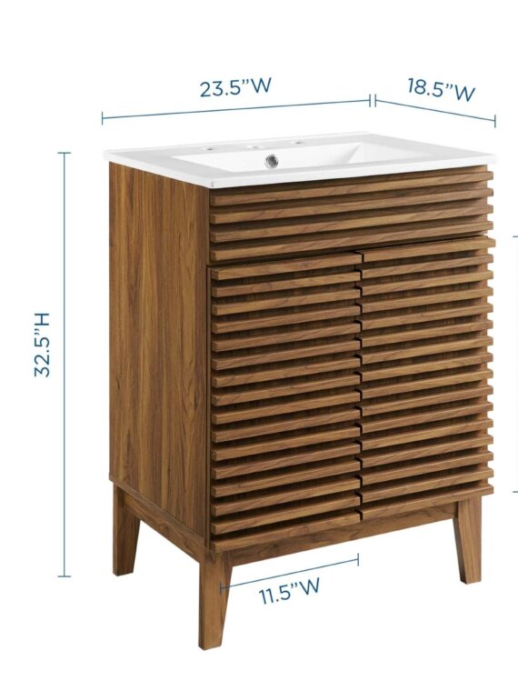 Modway Mid-Century 24" Bathroom Vanity, Walnut Grain, Ceramic Basin, Soft-Close Doors