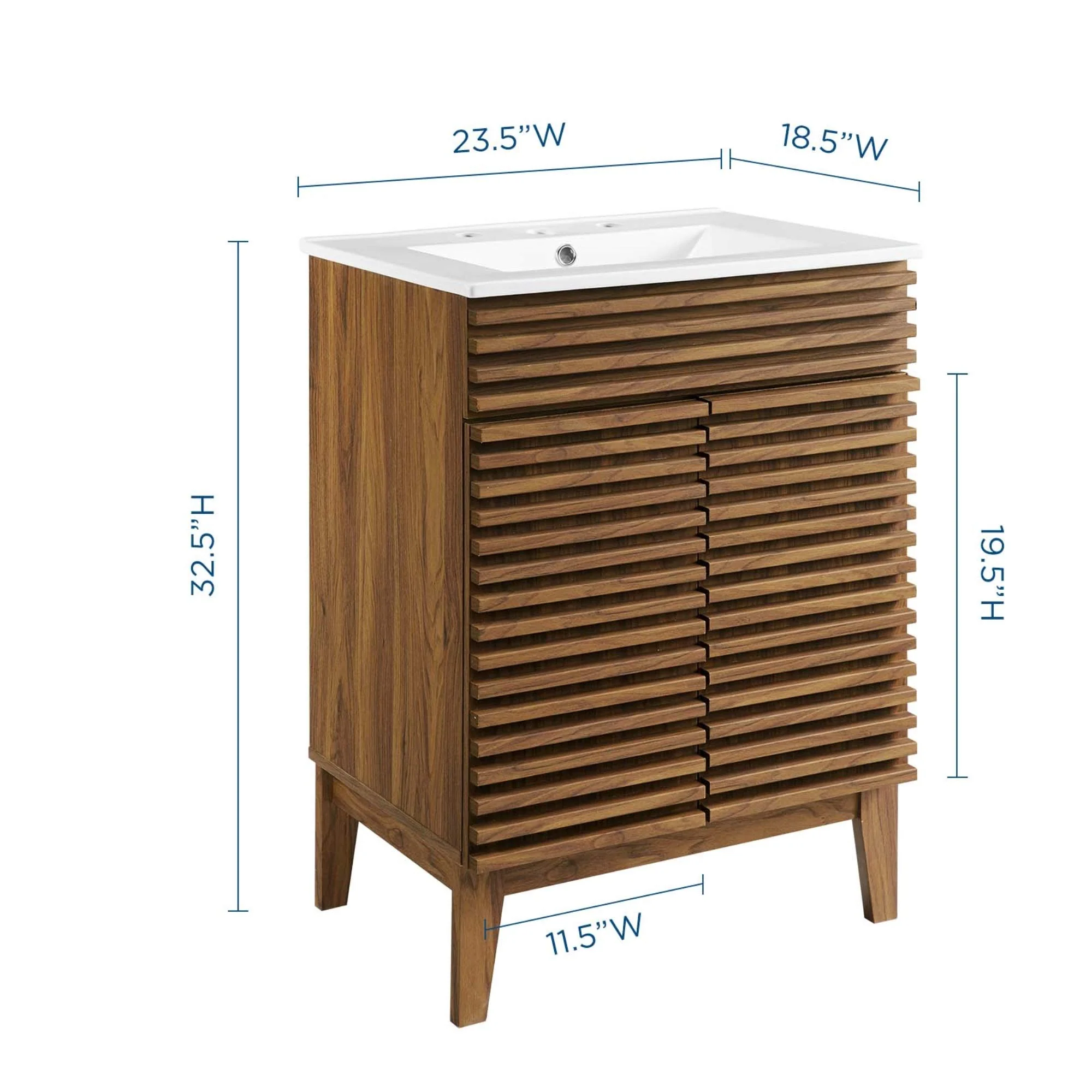 Modway Mid-Century 24" Bathroom Vanity, Walnut Grain, Ceramic Basin, Soft-Close Doors