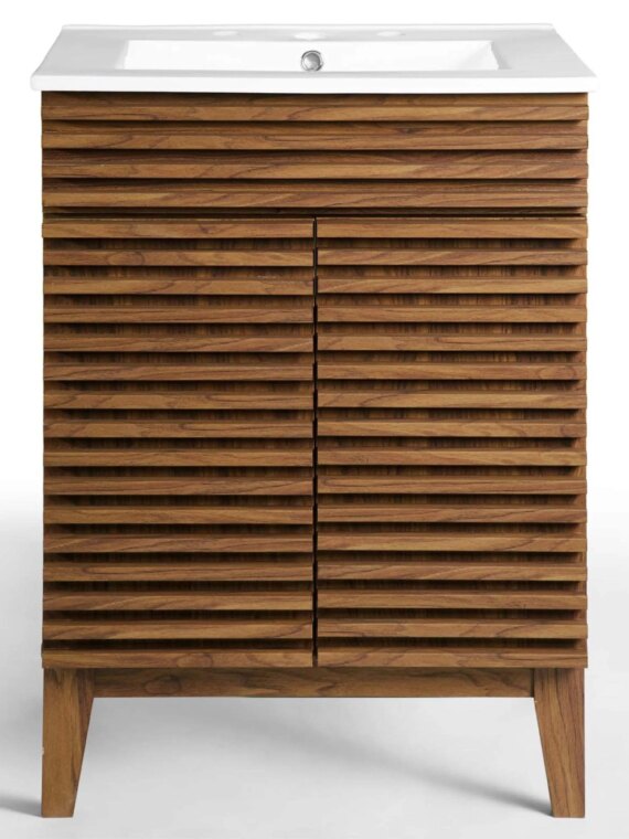 Modway Mid-Century 24" Bathroom Vanity, Walnut Grain, Ceramic Basin, Soft-Close Doors