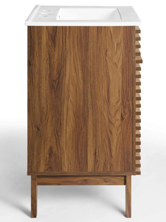 Modway Mid-Century 24" Bathroom Vanity, Walnut Grain, Ceramic Basin, Soft-Close Doors