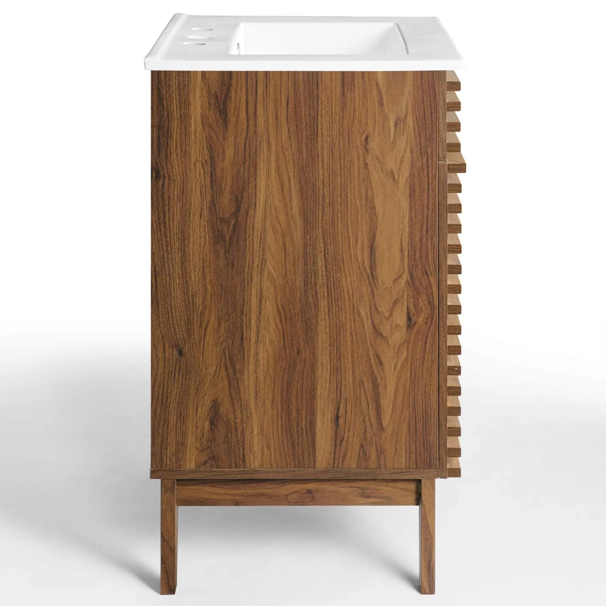 Modway Mid-Century 24" Bathroom Vanity, Walnut Grain, Ceramic Basin, Soft-Close Doors