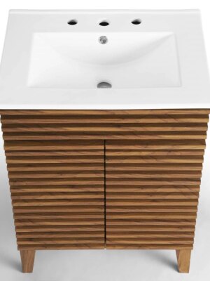 Modway Mid-Century 24″ Bathroom Vanity, Walnut Grain, Ceramic Basin, Soft-Close Doors