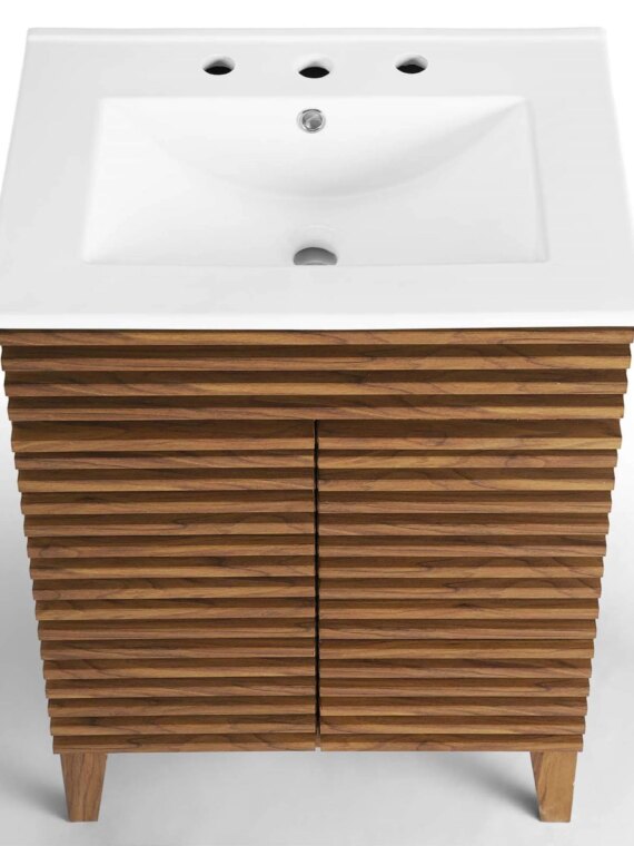 Modway Mid-Century 24" Bathroom Vanity, Walnut Grain, Ceramic Basin, Soft-Close Doors