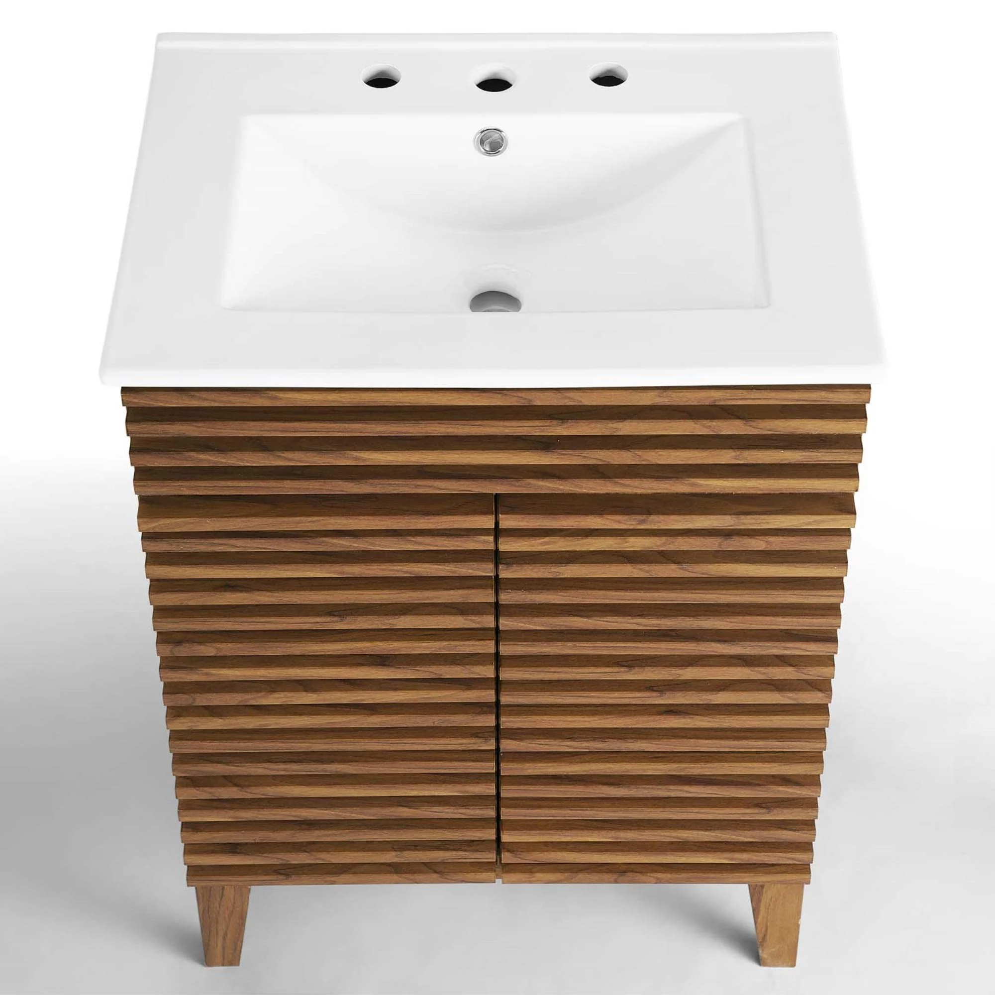 Modway Mid-Century 24" Bathroom Vanity, Walnut Grain, Ceramic Basin, Soft-Close Doors